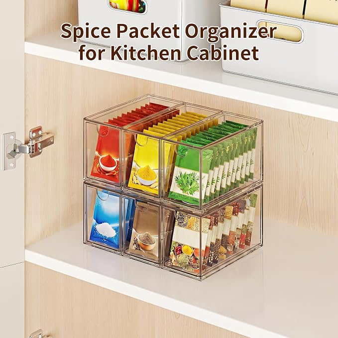 6 Pack Tea Bag Organizers, Clear Tea Packet Storage Bins for Pantry Countertop, Tea Station, Kitchen Cabinet, Stackable Teabag Holder Acrylic Drawer Organizer for Coffee Pods, Spice & Sugar Packets