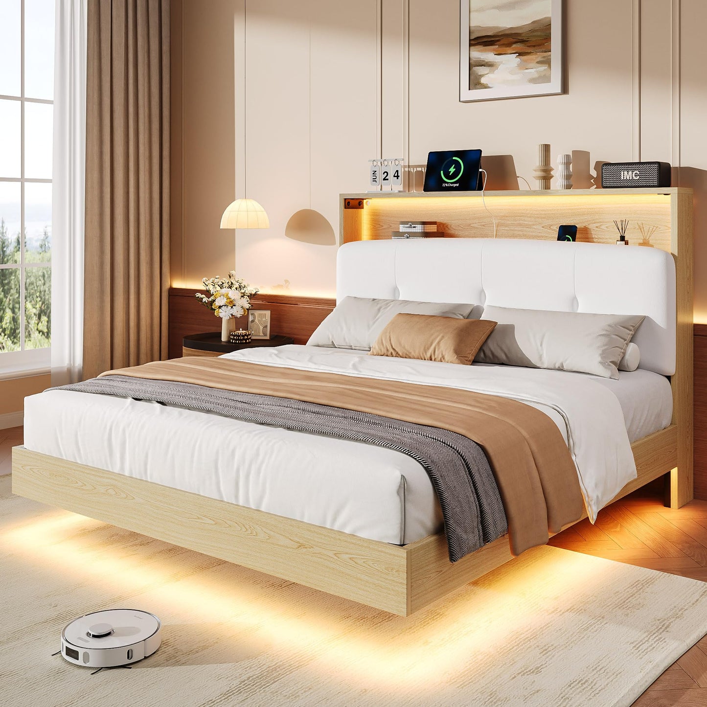 Einhomn Floating Bed Frame Full with 2-Tier Storage Velvet Fabric Upholstered Headboard, Wooden Platform Bed Frame w/Charging Station & LED Lights, Metal Slats Support, No Box Spring Needed, Natural