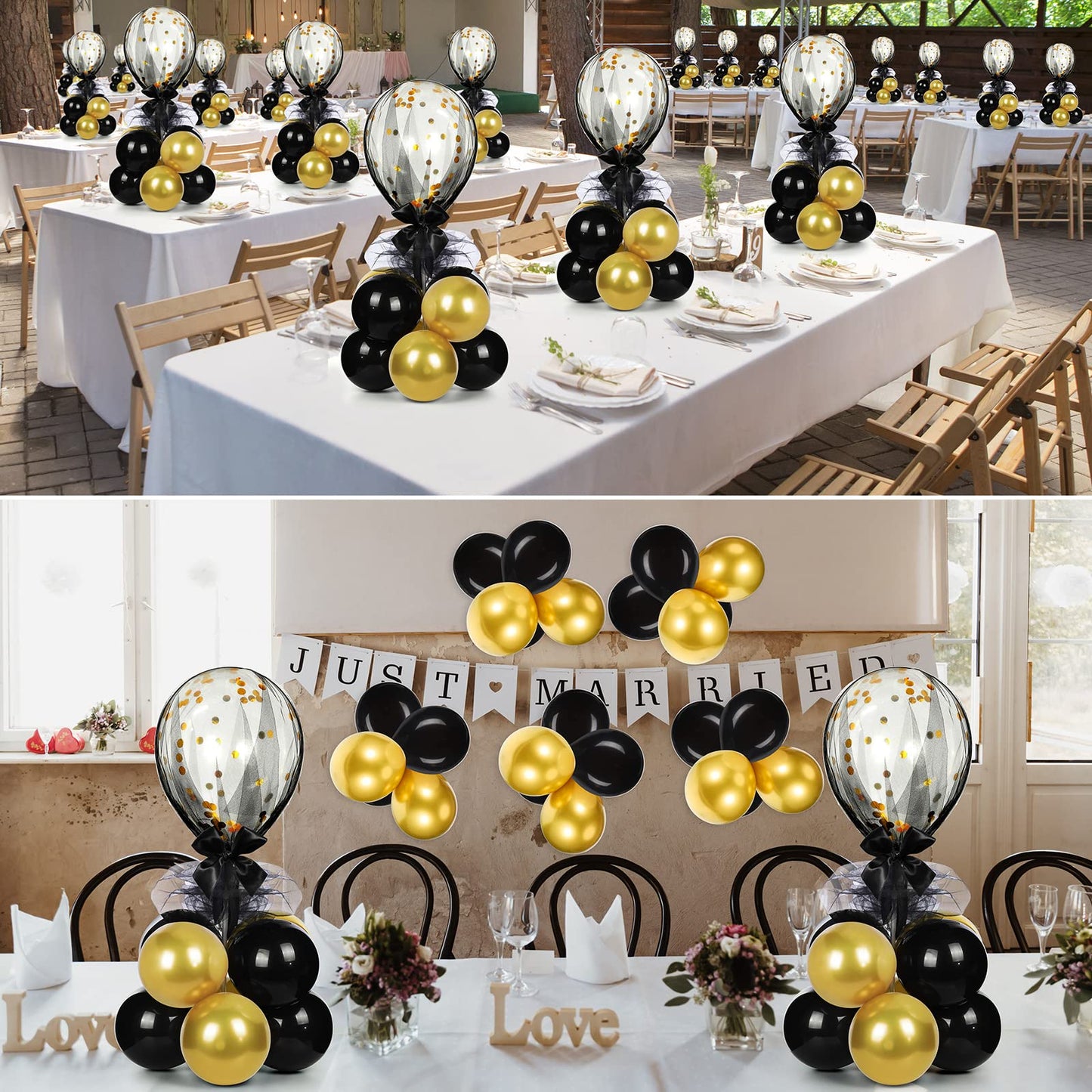BBTO 8 Set Gold Black Table Centerpieces Balloons Stand Kit, Latex Balloons and Table Stand Holder with Base Tulle for Wedding Birthday Mother's Day Baby Shower Party