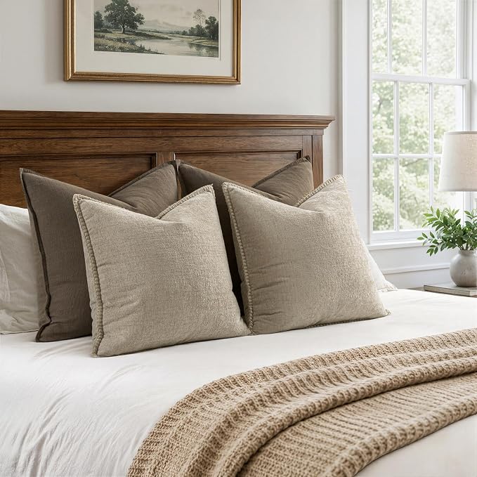 MIULEE Pack of 2 Couch Throw Pillow Covers 18x18 Inch Light Taupe Farmhouse Decorative Pillow Covers with Stitched Edge Soft Chenille Solid Dyed Spring Pillow Covers for Sofa Bed Living Room