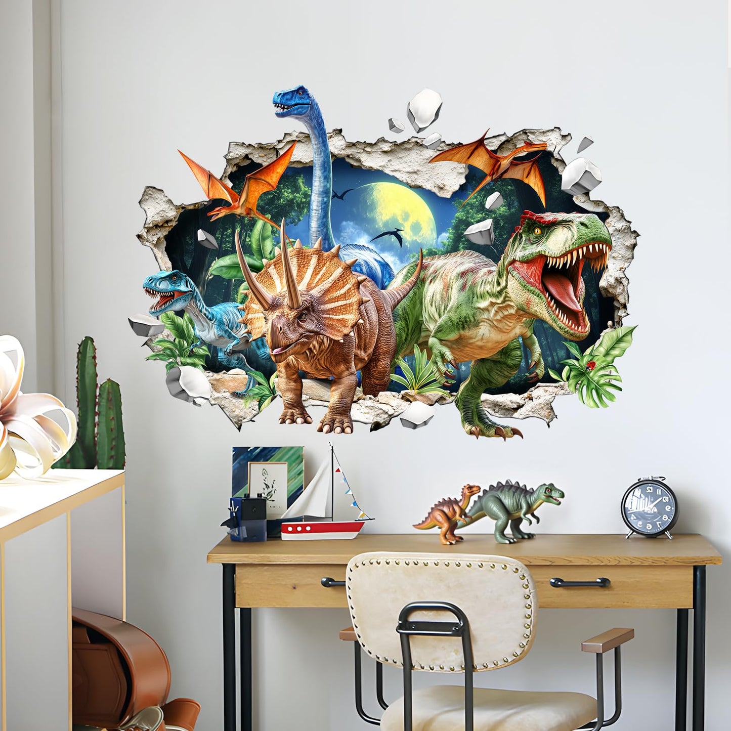 3D Dinosaur Wall Decals Break Through Large Dino Jungle Dinosaur Wall Stickers for Boys Kids Bedroom Baby Nursery Playroom Classroom Decor
