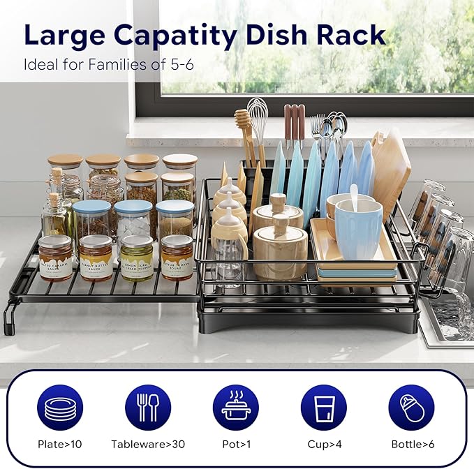 Simple Trending Dish Rack - Expandable Dish Drying Rack for Kitchen Counter, Large Capacity Dish Drainers, Stainless Steel Dish Strainer with Utensil & Cup Holders, Black