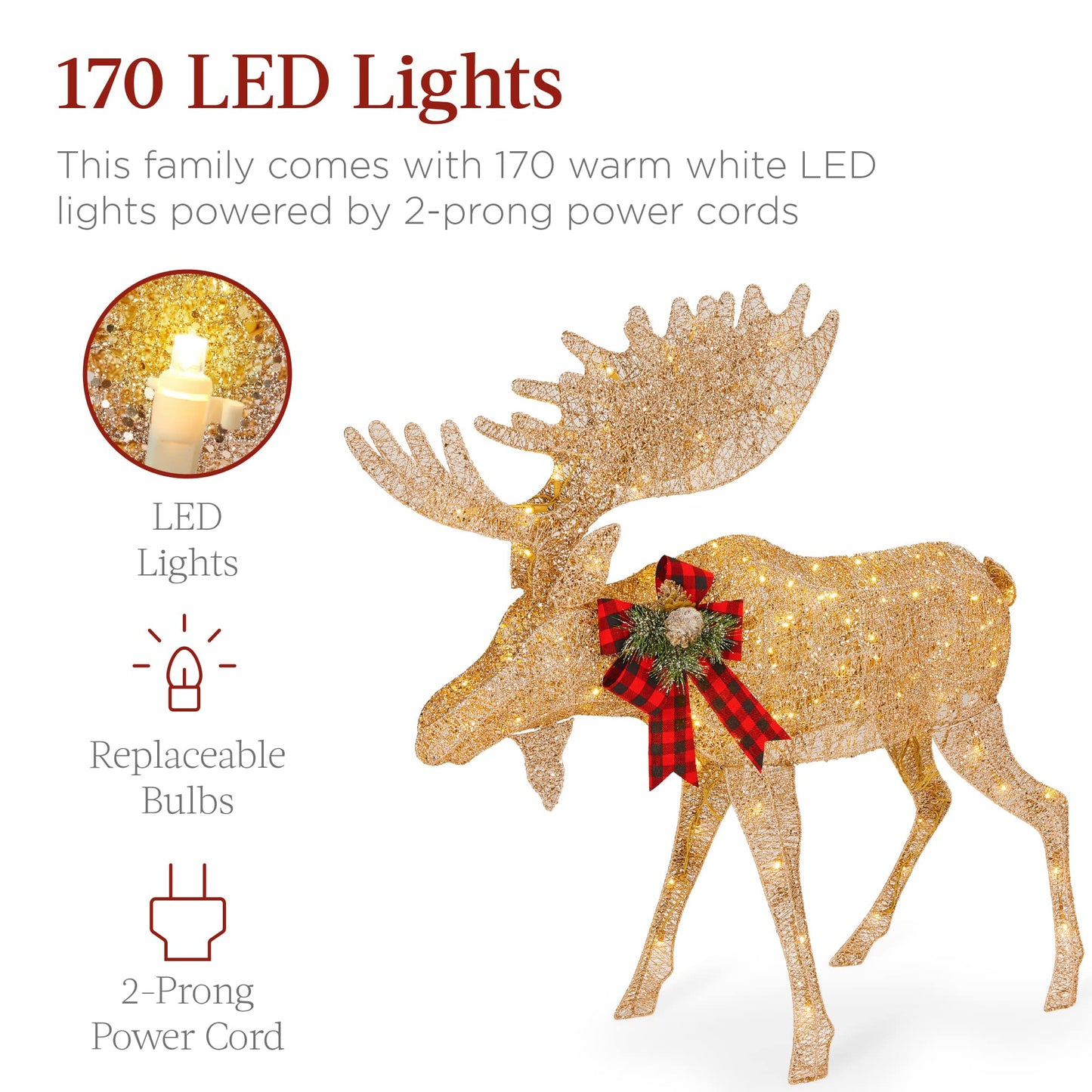 Best Choice Products 2-Piece Moose Family, Lighted Outdoor All-Weather Christmas Yard Decoration Light-Up Décor Set w/ 170 LED Lights, Ground Stakes, Zip Ties - Gold