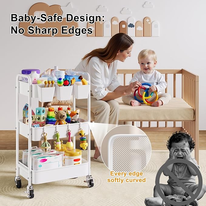 Diaper Cart Organizer with Wheels, 3 Tier Rolling Bedside Cart for Baby Essentials, Baby Organizers and Storage Diaper Caddy Carts for Changing Table, Crib, Bedroom, Newborn Nursery Supplies, White