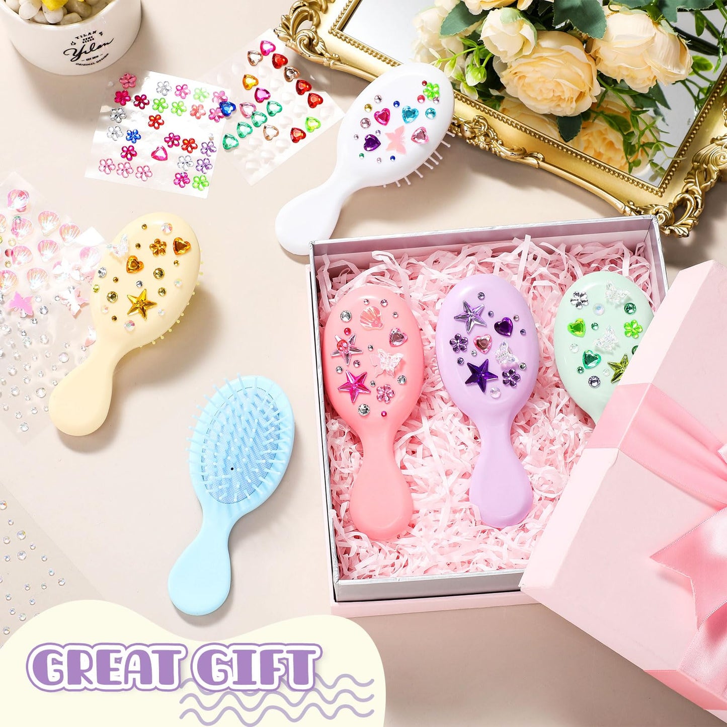 Ferrochef 12 Sets Hair Brush Decorating Kit DIY Mini Hair Brush with Gem Stickers Make Your Own Hairbrush Self-adhesive Rhinestone Stickers Craft Kit for Women Party Gifts