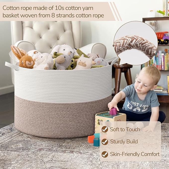 INDRESSME 115L Extra Large Blanket Basket, Soft Cotton Rope Storage Basket for Organizing, Home Decor, Toys, Laundry & Towels, Toy Storage Organizer for Living Room & Nursery, White & Brown