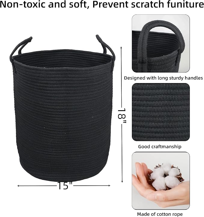 XUANGUO Black Cotton Rope Laundry Basket Hamper for Clothes Woven Storage Basket for Living Room Bedroom Boho Tall Rope Baskets for Blanket Toys Pillow Towels Baby Nursery Hamper Bin Large