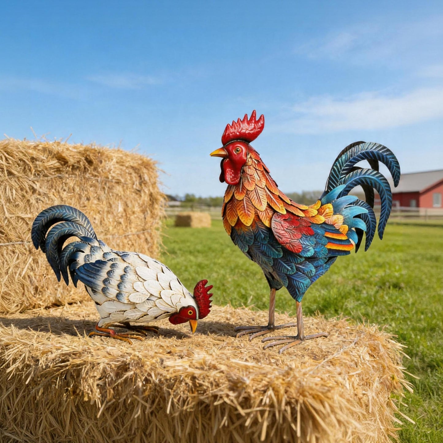 Shorayn Metal Rooster Statues, Outdoor Garden Metal Chicken Decor, Garden Sculptures Chicken Ornaments Yard Art for Backyard Patio Lawn Decorations, Set of 2