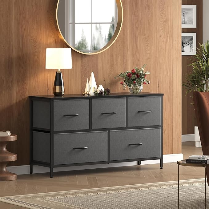 OLIXIS Dresser for Bedroom with 5 Drawers, Wide Chest of Drawers, Fabric Bedroom Dresser with Drawer Organizers, Storage Organizer Unit with Fabric Bins for Closet, Living Room, Hallway,Grey