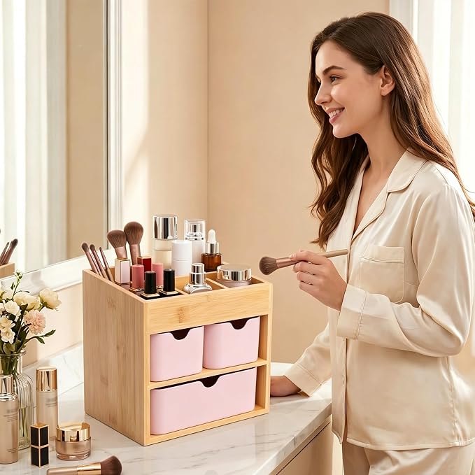 Bamboo Makeup Organizer with 3 Pink Drawers, Dresser Cosmetic Organizer Box,Bamboo Desk Organizer for Home with Adjustable Dividers