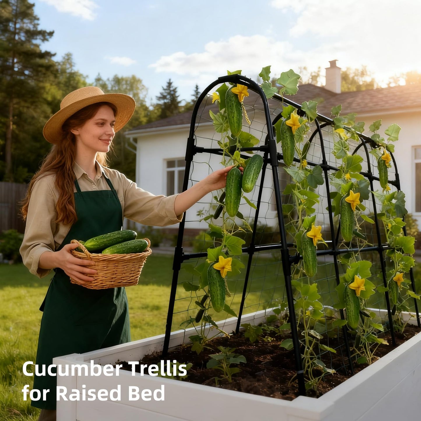 Laodier Cucumber Trellis for Raised Bed, U-Shape Garden Arch Metal Support for Climbing Plants, Metal Arch Plant Support Vegetables Trellis, Plant Support for Vine Outdoor (Black, 47*30*47inch(L*W*H))