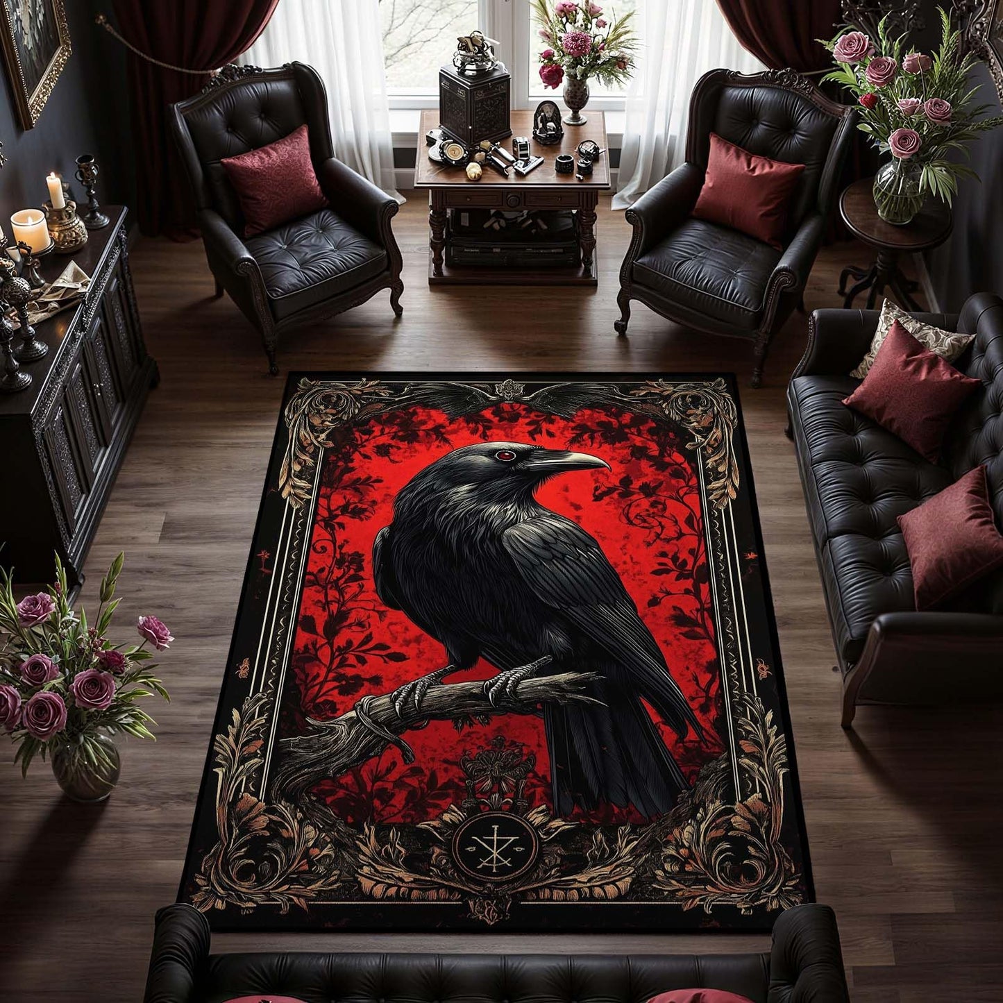5x7 Gothic Raven Rug, Crow Area Rug, Gothic Rugs for Bedroom, Halloween Rugs, Large Vintage Black Raven Carpet, Soft Washable Non Slip Low Pile Carpet