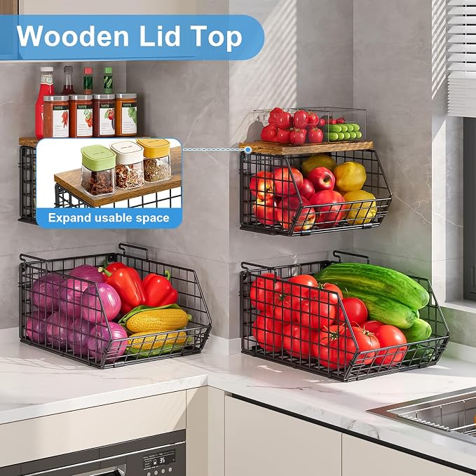 Stackable Fruit Basket for Kitchen Counter, 2 Tier Wire Baskets with Wooden Lid Top, Vegetable Storage Organizer Bins, Wall Mountable Pantry Baskets for Produce, Onion, Potato, Black