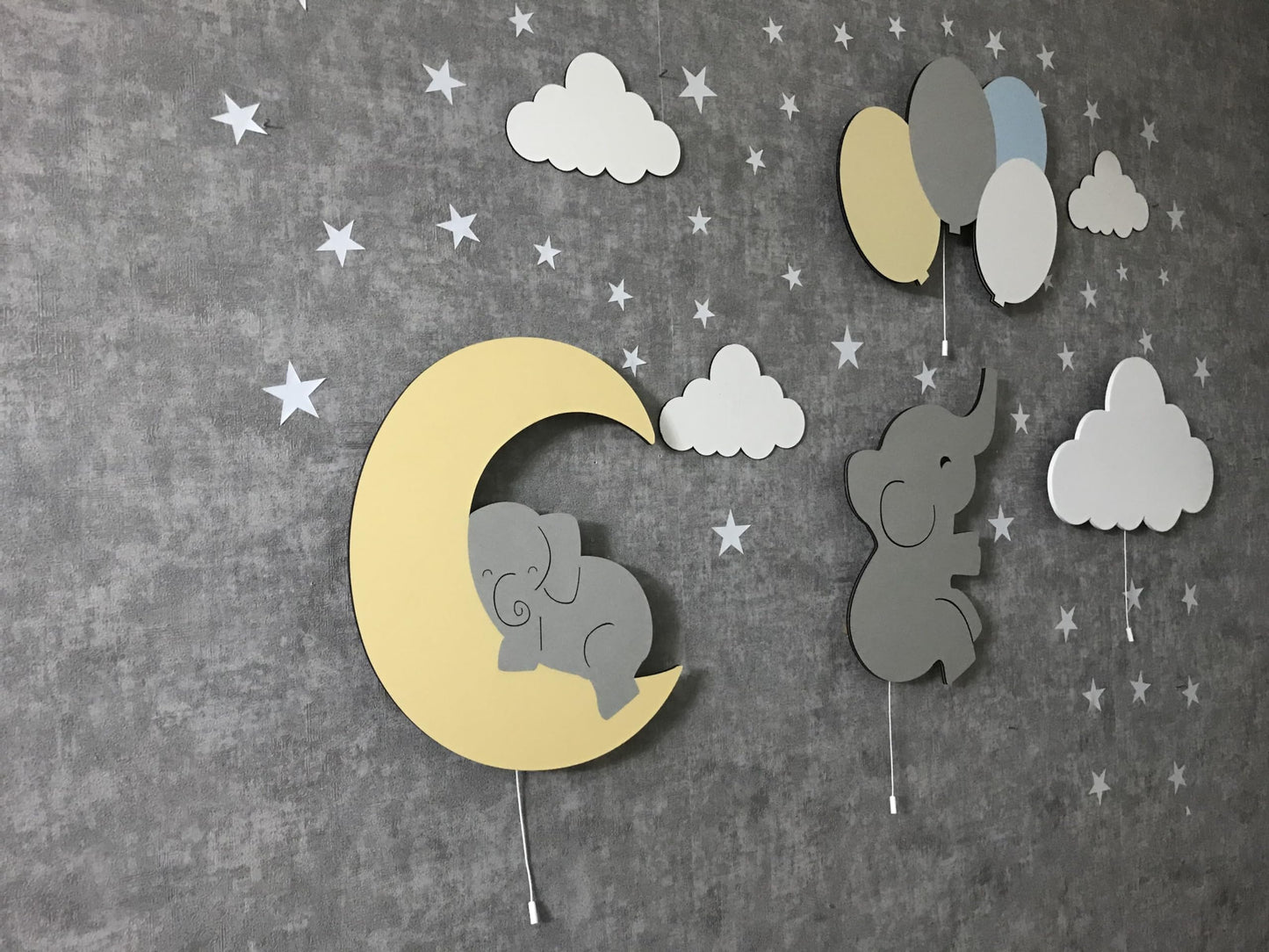 Furpinea Nursery Lamp Set of 4 Moon, Cloud, Elephant, and Balloon, Baby Room Sign Wall Night Light Cloud Shape Gift Baby Montessori Bedroom Lamp Decor (Boys, Blue)