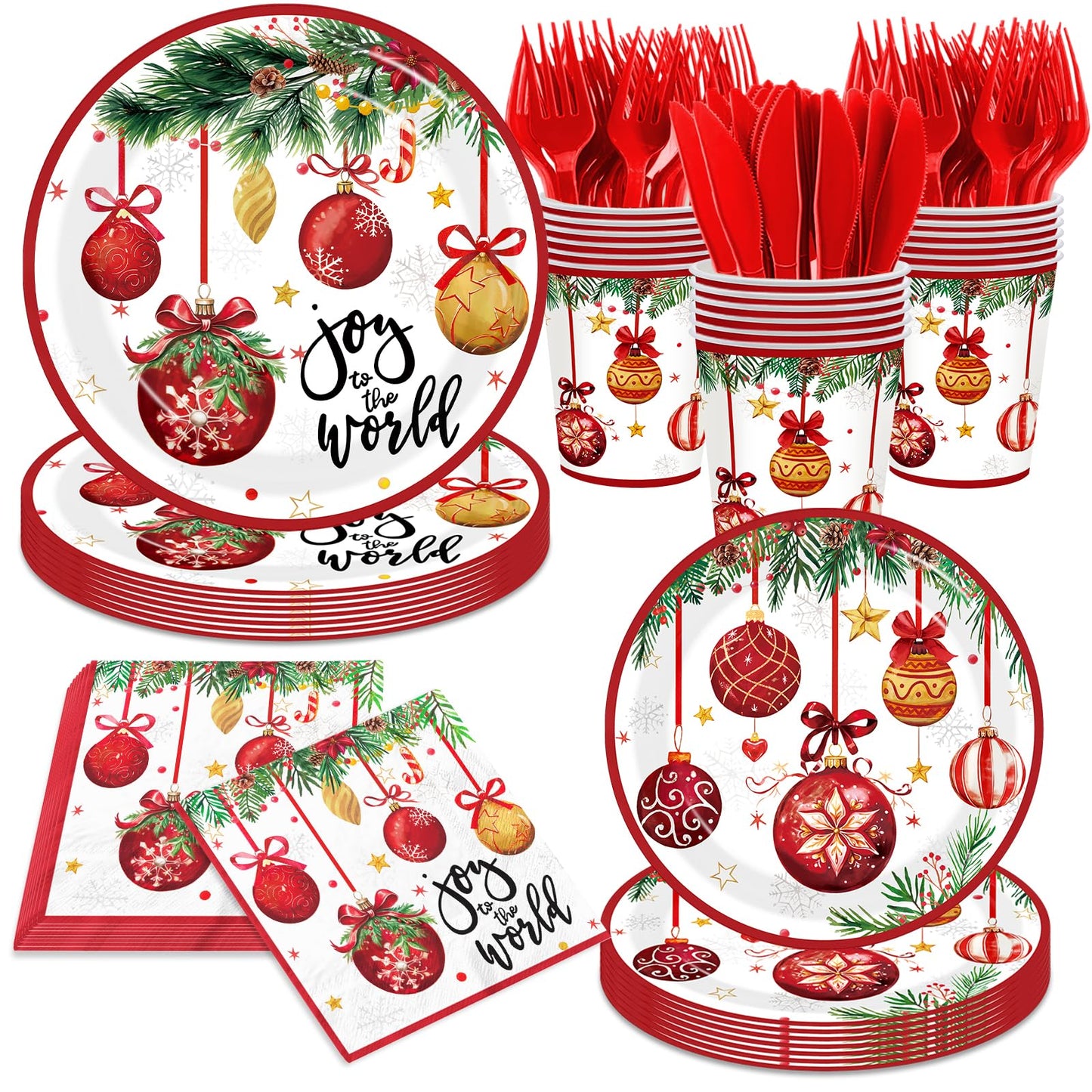 Joy To The World Christmas Tableware, 144Pcs Joy To The World Christmas Decorations includes Xmas Plates and Ball Napkins, Happy Holiday Plates and Napkins for Xmas Holiday Party