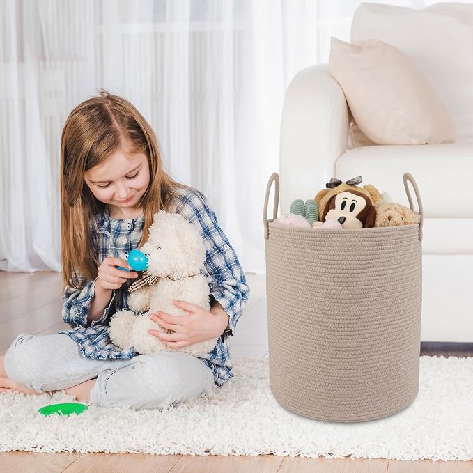 XUANGUO Cotton Rope Laundry Basket Hamper for Clothes Woven Storage Basket for Living Room Bedroom Boho Tall Rope Baskets for Blanket Toys Pillow Towels Baby Nursery Hamper Bin Konjac