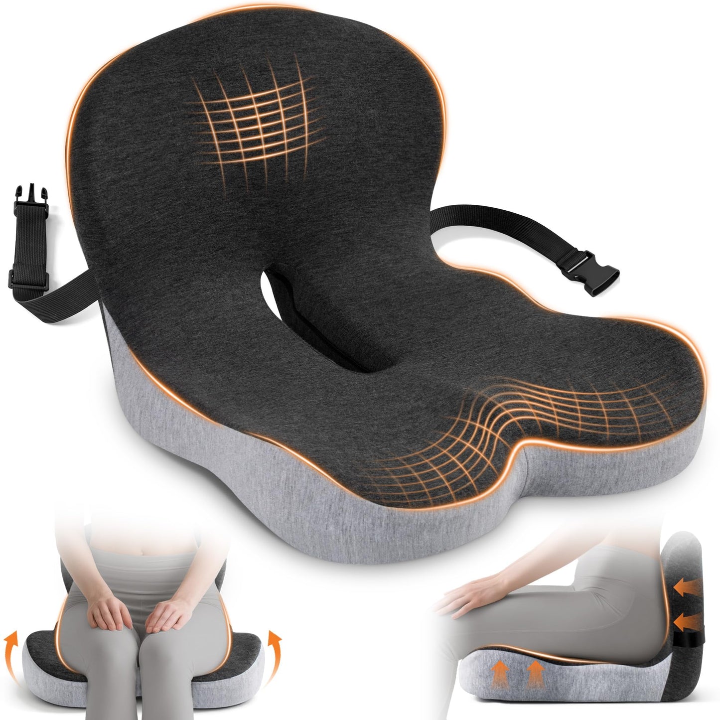 Seat Cushion, Office Chair Cushions for Tailbone Relief, Seat Cushions for Office Chair with L-Shaped Ergonomic Design & Adjustable Strap, Memory Foam Chair Cushion for Long Sitting Worker(Black Gray)