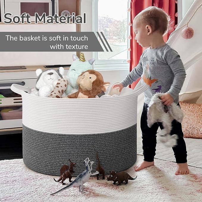 INDRESSME 115L Extra Large Cotton Rope Blanket Basket, Woven Baby Laundry Baskets for Clothes Pillows Towel, Toy Baksets for Kids, White & Gray