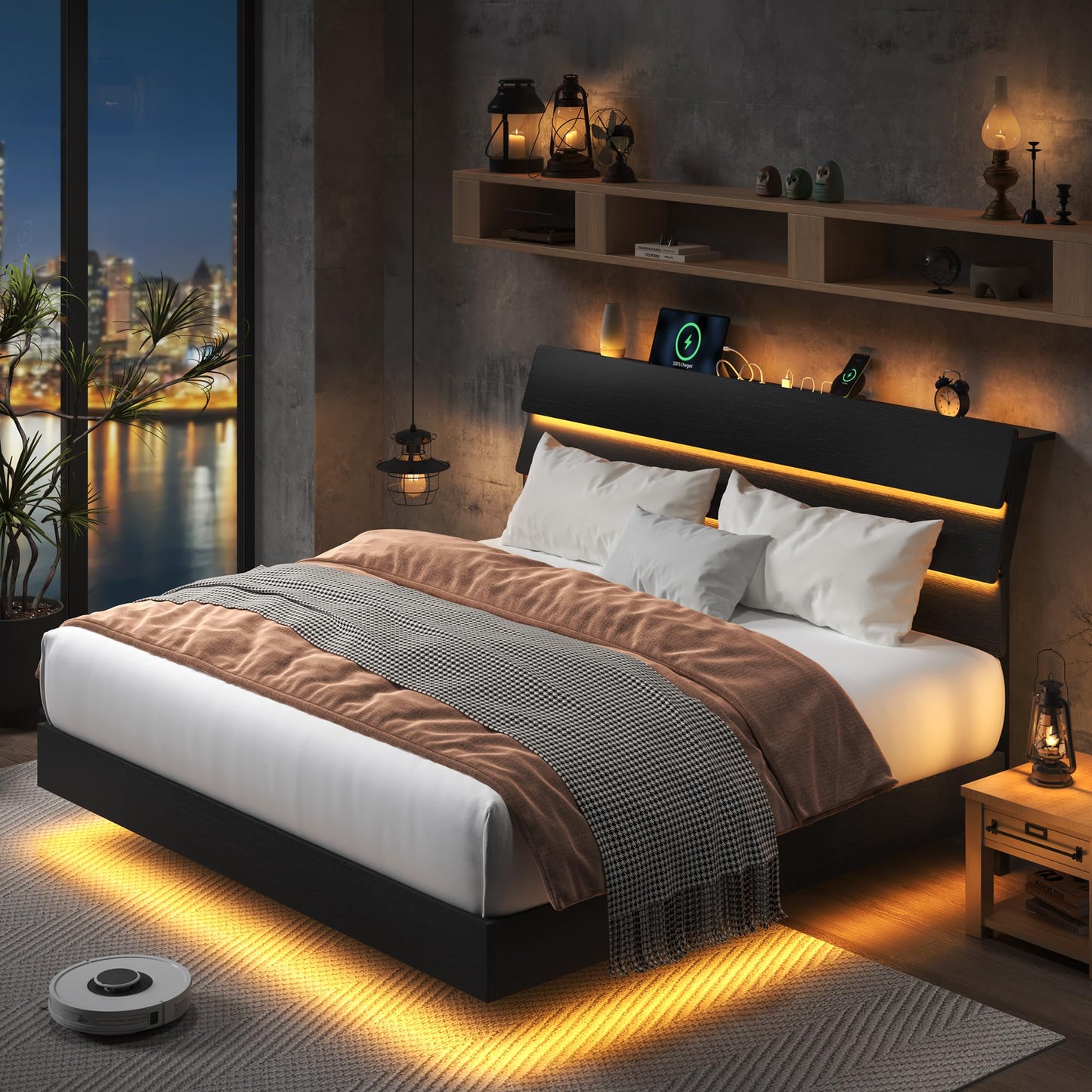 Feonase Floating Bed Frame King with Led Lights and Charging Station, Wood Full Size Bed Frame with Storage Headboard, Heavy Duty Metal Slats, No Box Spring Needed, Easy Assembly,Dark Black