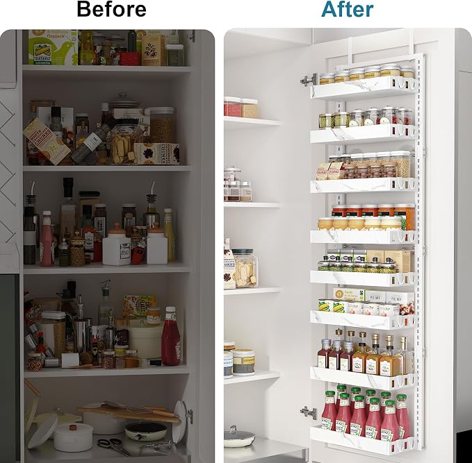 BUKFEN 8-Tier Over the Door Pantry Organizer, 2-in-1 Door Hanging or Wall Mounted Spice Rack, Heavy Duty Metal Storage Shelves with Adjustable Baskets for Kitchen Bathroom Closet