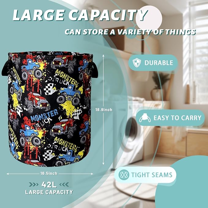 Funny Cars Printed Laundry Basket Foldable With Handles Tote Bag Oxford Cloth Colorful Laundry Hamper Clothes Storage Bucket Toy Organizer 18.9"x16.5"For Bathroom/Laundry/Bedroom