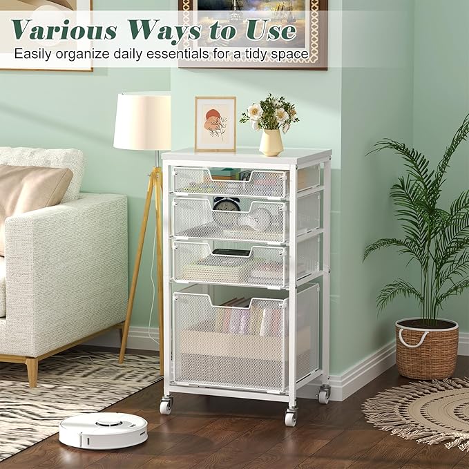 Sbanmao 4 Drawer Rolling File Cart with Wheels, Mobile Filing Cabinet for Home Office, Hanging File Organizer, Under Desk Storage, Multifunctional Utility Cart Printer Stand, White