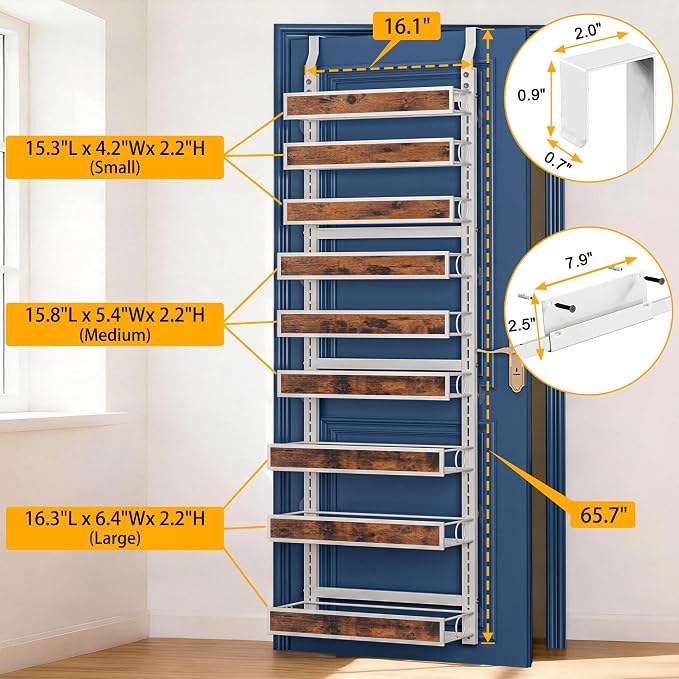 9 Tier Over The Door Pantry Orangizer 2 IN 1 Wall Mounted or Hanging Spice Rack with Adjustable Wood Basket,Heavy Duty Seasoning Storage Shelf for Kitchen Pantry and Bathroom White