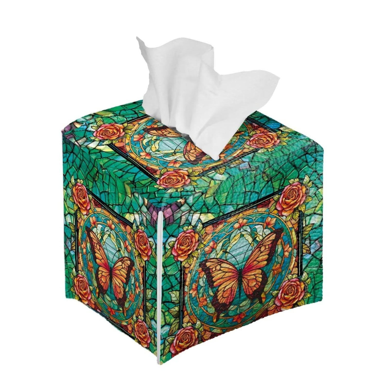 Lotusorchid Butterfly Rose Print Tissue Case Cover Square, Waterproof Tissue Box Cover for Home Office, Foldable Kleenex Tissues Cube Boxes with Bottom Belt, Decorative Facial Tissue Cover, Green