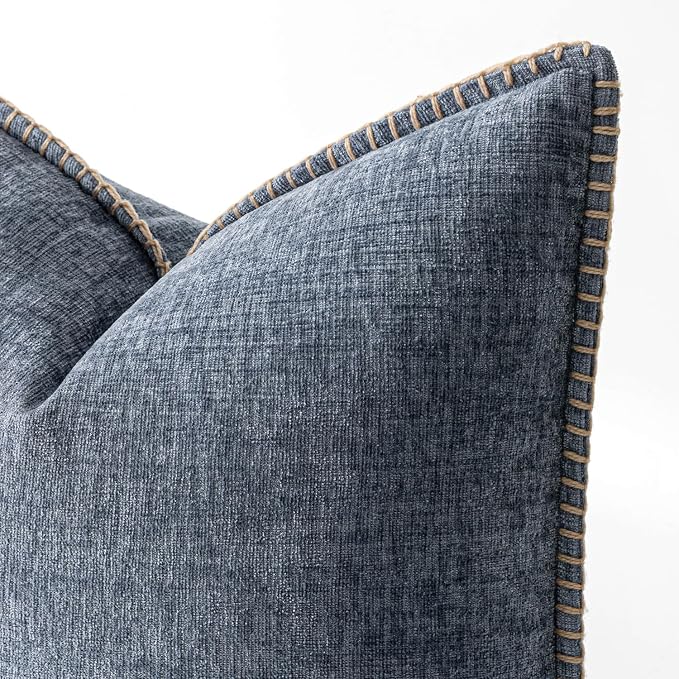 MIULEE Pack of 2 Lumbar Throw Pillow Covers 12x20 Inch Dark Grey Blue Farmhouse Decorative Pillow Covers with Stitched Edge Soft Chenille Solid Dyed Pillow Covers for Couch Sofa Bed Living Room
