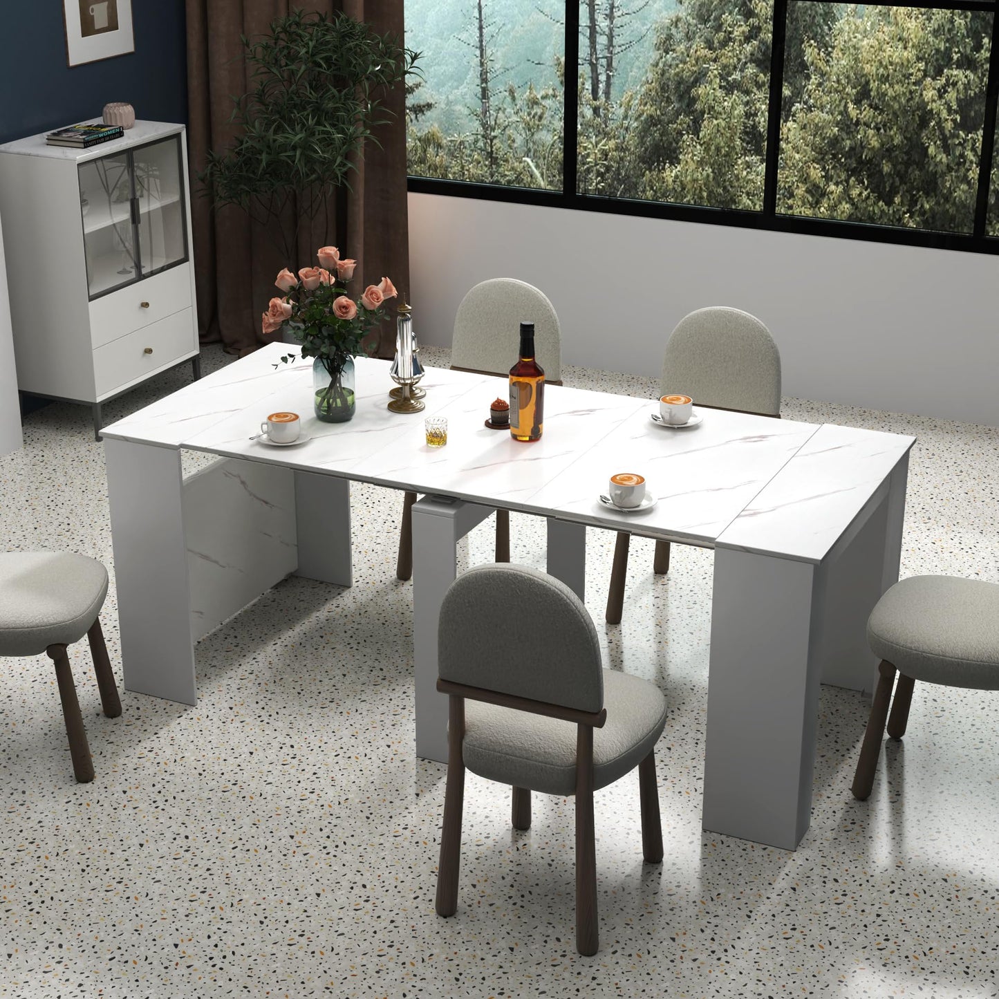 Ball & Cast Extendable Dining Table, 20"/118.5" Large Dining Room Table for 6-10 Person,Kitchen Table with Wood Legs, Space-Saving Folding Console Table, Dining Table,White Marble