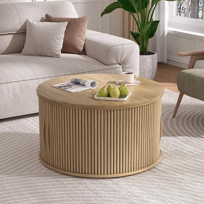 JOINICE 31.5" Round Lift Top Coffee Table,Natural Oak Modern Fluted Drum Center Table with Hidden Storage, Japandi Scandi Wood Circle Desk for Boho Living Room & Apartment