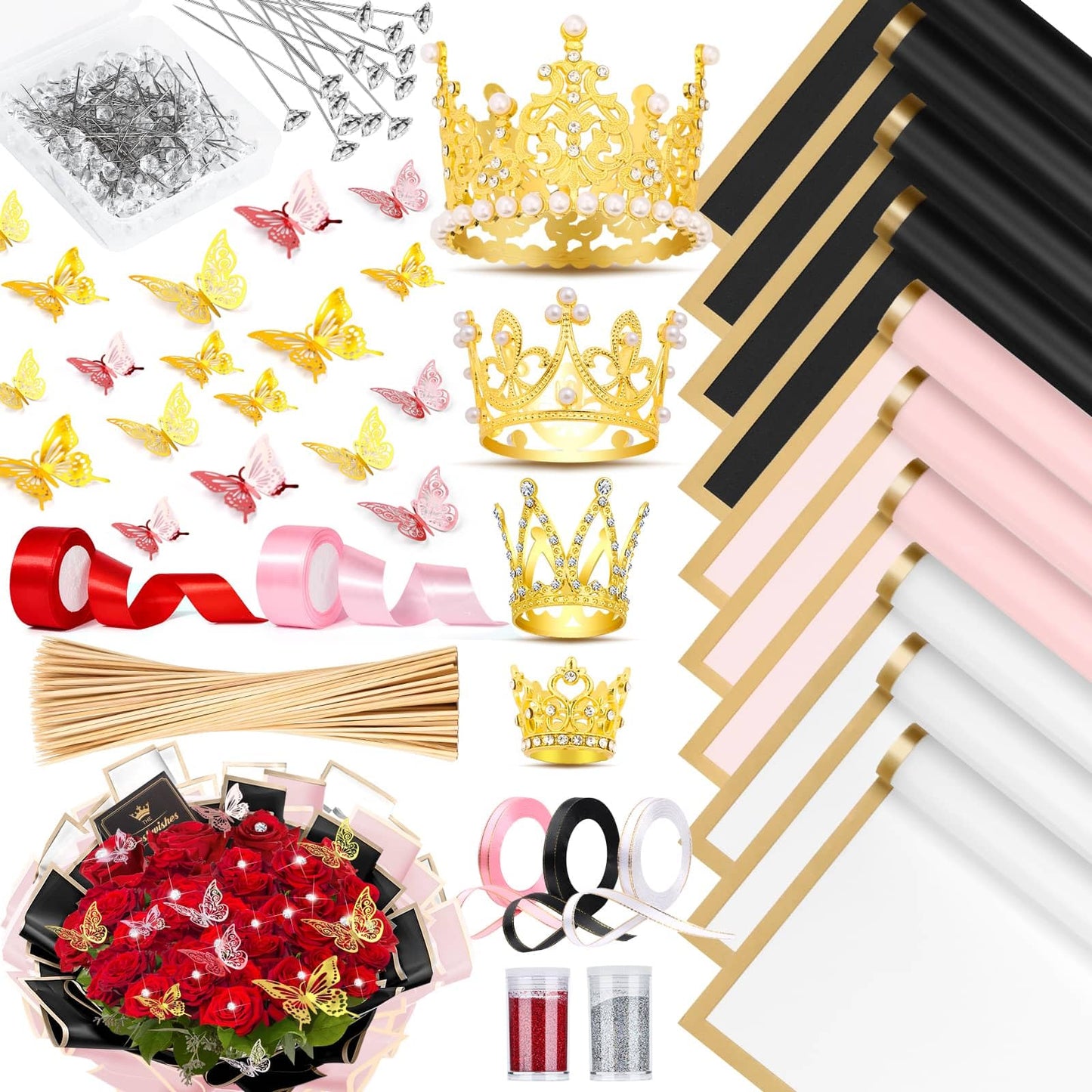 449Pcs Flower Bouquet Wrapping Accessories with Floral Wrapping Paper Gold Crowns Butterfly Decorations Gem Pins and Wooden Sticks, Ribbons for Money Bouquet Mother's Day Baby Shower Graduation