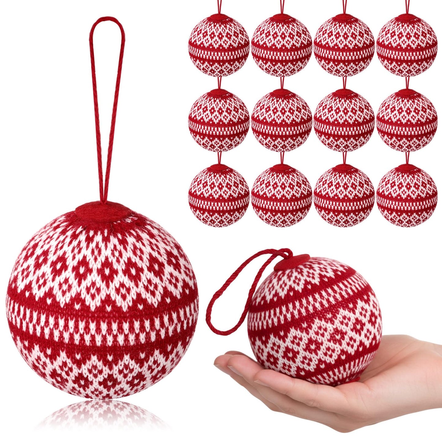 Weysat 12 Pcs 3.15" Red Knitted Sweater Christmas Balls Large Rustic Handmade Hanging Ball with Snowflake Pattern Christmas Tree Ornaments for Party Holiday Farmhouse Decorations Gifts