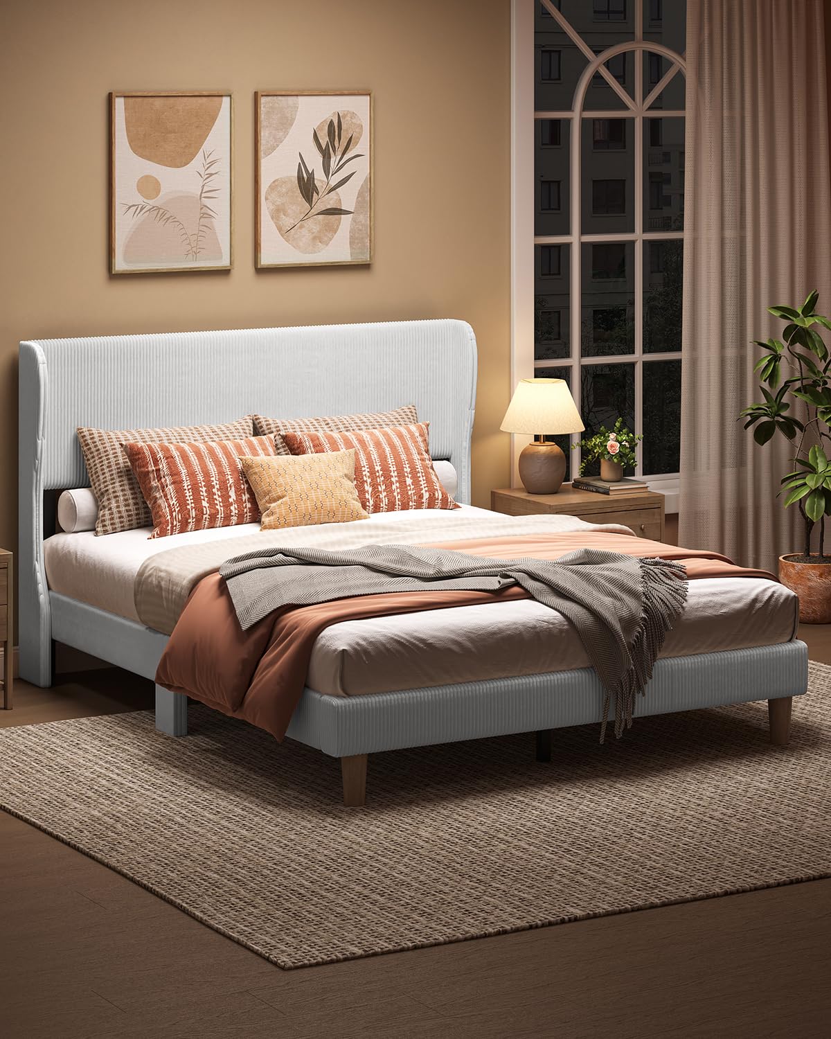 Bestier Queen Bed Frame with Wingback Headboard,Upholstered Platform Queen Size Bed with Strong Wooden Slats,No Box Spring Needed,Never Squeaks,Easy Assembly,Light Grey