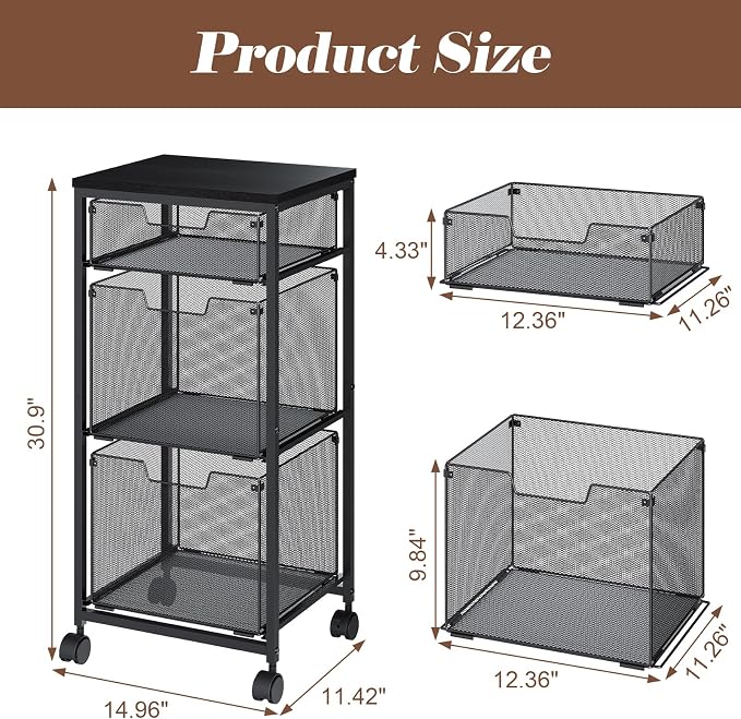 Sbanmao 3 Drawer Mobile File Cabinet for Home Office, Rolling Filing Cabinet on Lockable Wheels, Hanging File Folders Organizer, Utility Cart Storage and Organizer, Printer Stand, Black
