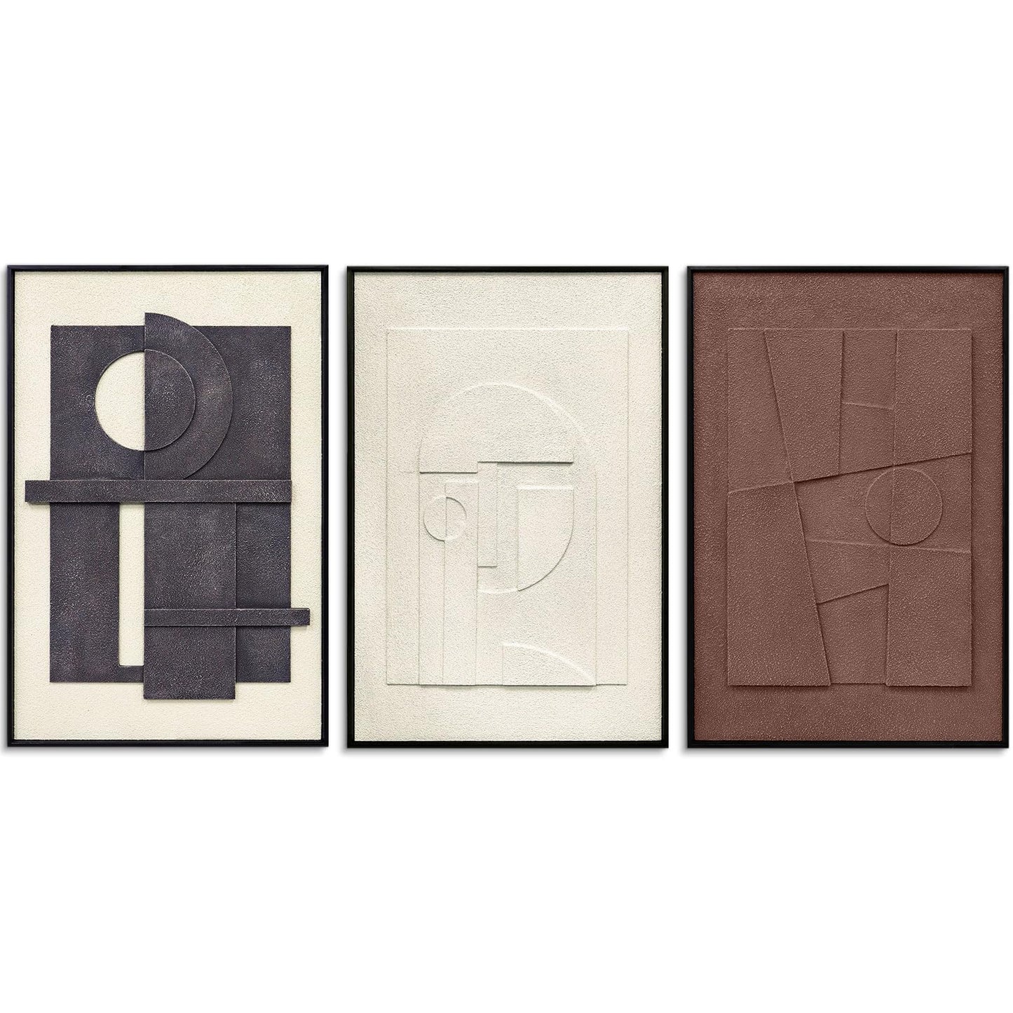 3D Textured Framed Wall Art, 3 Piece Neutral Artwork for Walls, Modern Minimalist Wall Paintings, White Black Geometric Texture Wall Decor for Living Room, Hallway, Office, 16x24In