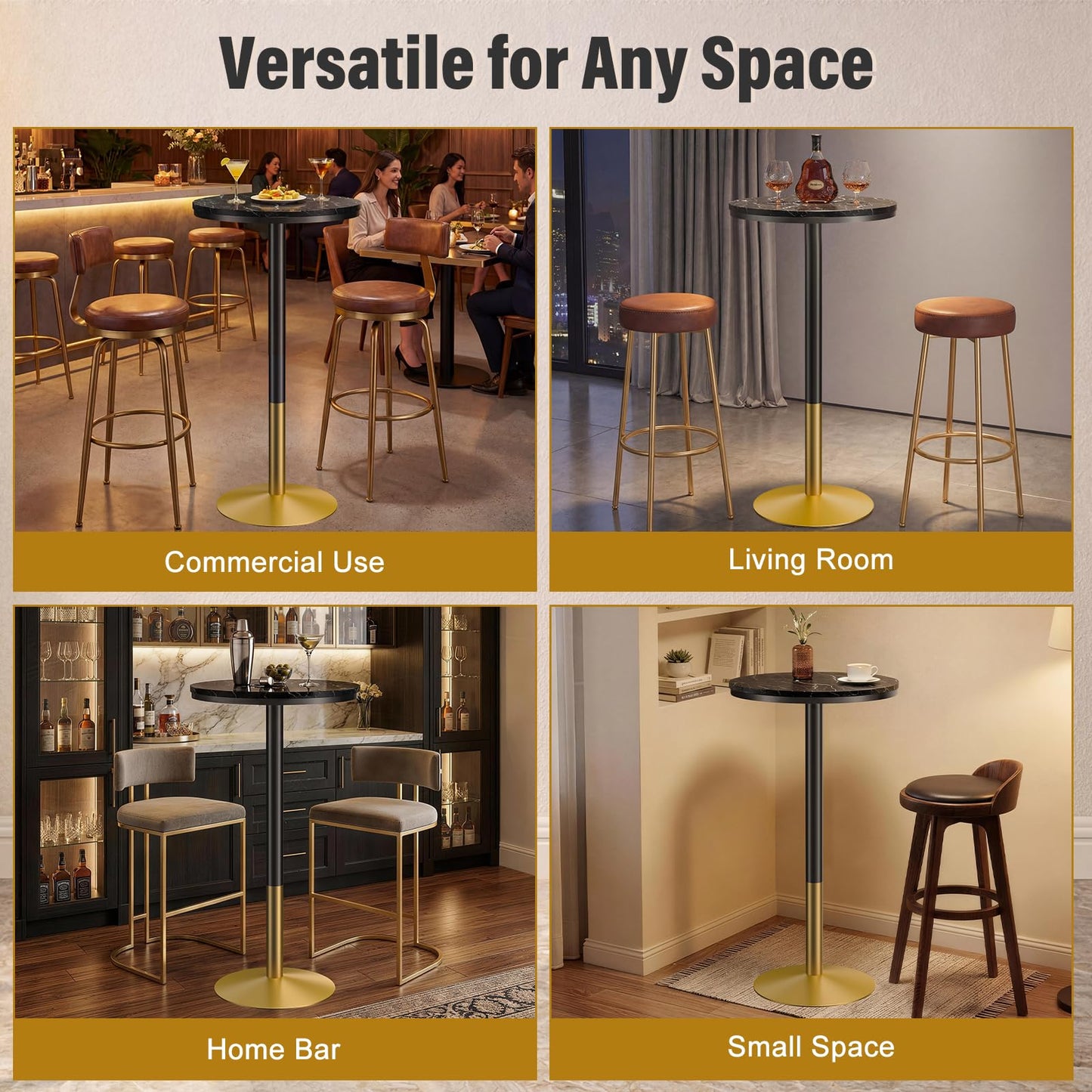 Modern Round Marble Bar Table, 22" Black Marble Top Pub Table with Gold Metal Base, Tall Bistro Table for Home Bar, Kitchen, Dining, Small Spaces, 41'' Bar Height