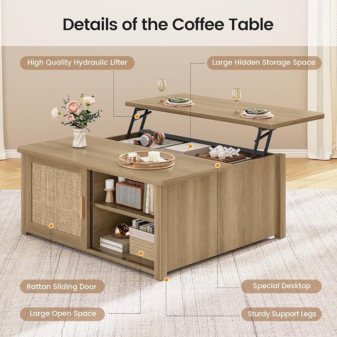 SEDETA 31.5" Lift Top Coffee Table with Storage, Square Coffee Tables for Living Room, Farmhouse Coffee Table with Large Hidden Storage Compartment and Adjustable Shelves, Rattan Oak