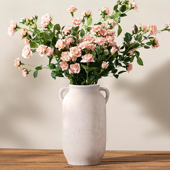 Large Flower Vase Home Decor - Tall Ceramic Farmhouse White Rustic Table Vases with Handle Living Room Decoration Decorative Modern for Fireplace Kitchen (12" Rustic)