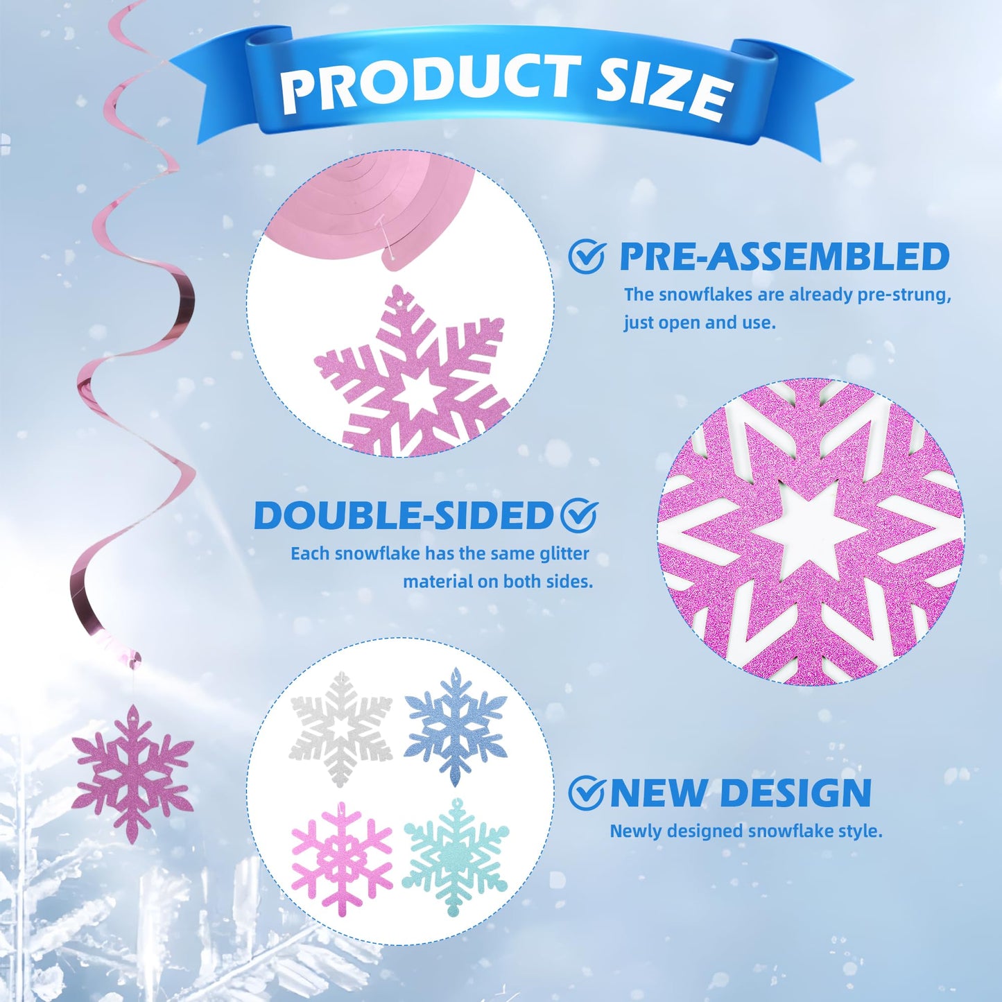 24 Pcs Snowflake Decorations Winter Snowflake Hanging Swirl Decorations Snow Flakes Garland Christmas Winter Wonderland Ceiling Decor Silver Blue Purple Snow Flakes Party Decor