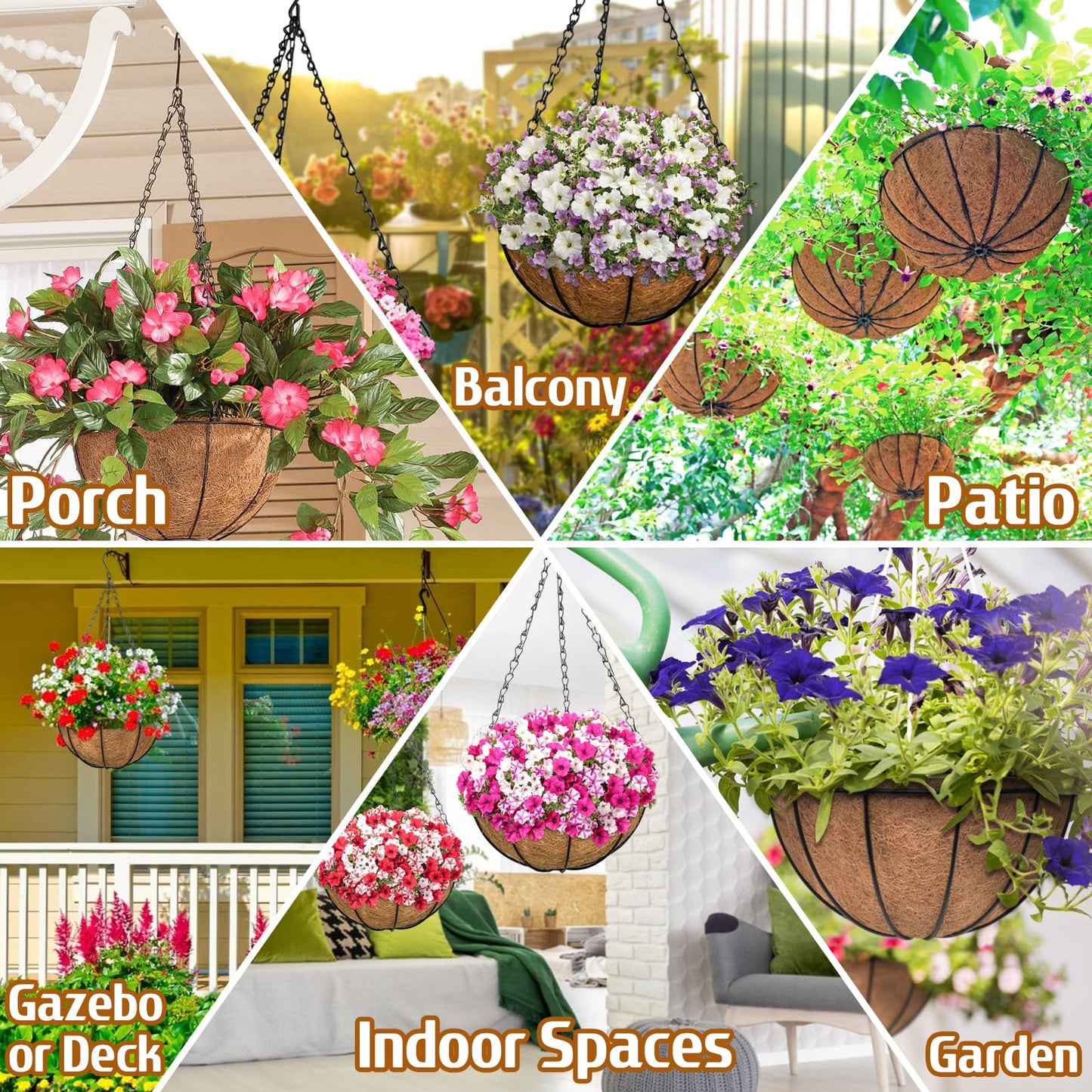 ZeeDix 2 Pack 14 Inch Hanging Baskets for Plants Outdoor, Metal Wire Round Planters with Coco Liner, Hanging Flower Baskets for Home Garden Porch Balcony Railings Decor