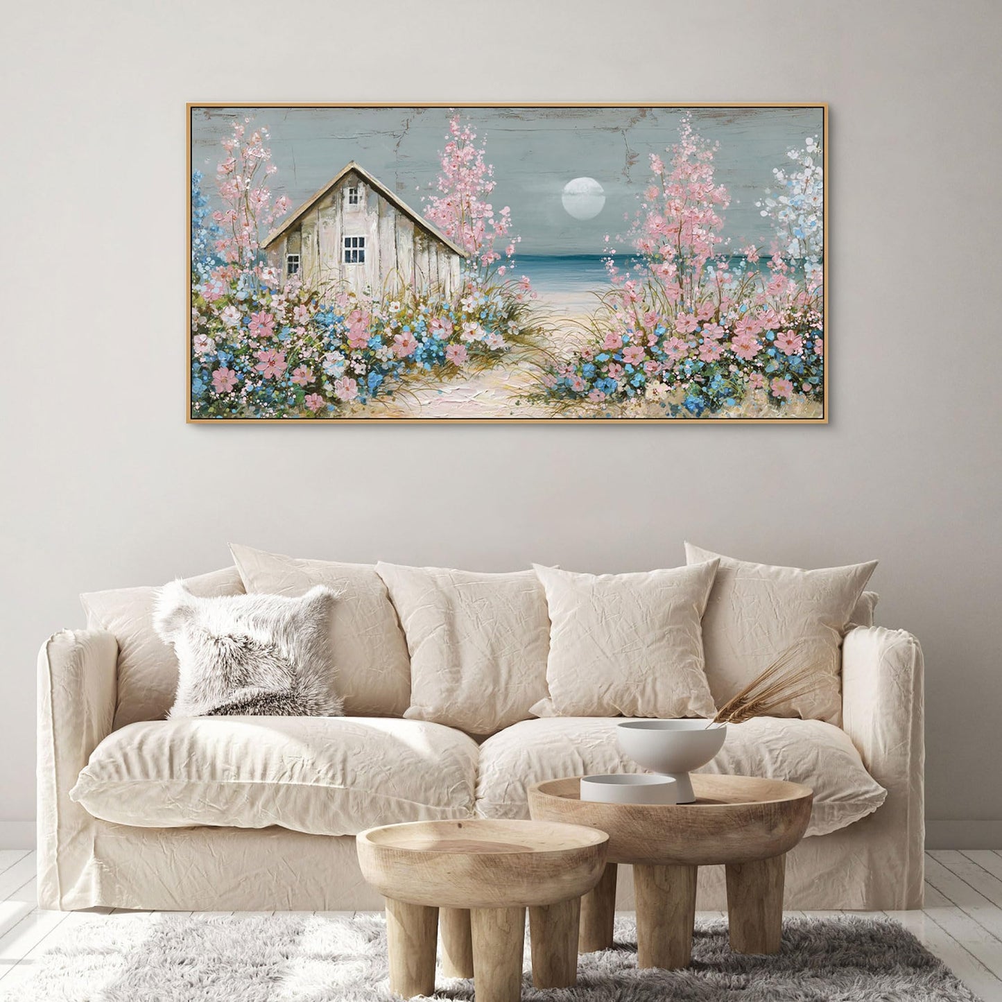 yiijeah Beach Wall Art Large Landscape Canvas Coastal Pink Picture Horizontal Artwork for Walls Ocean Prints Big Paintings Living Room Bedroom Office Home Decor 48x24 Inches