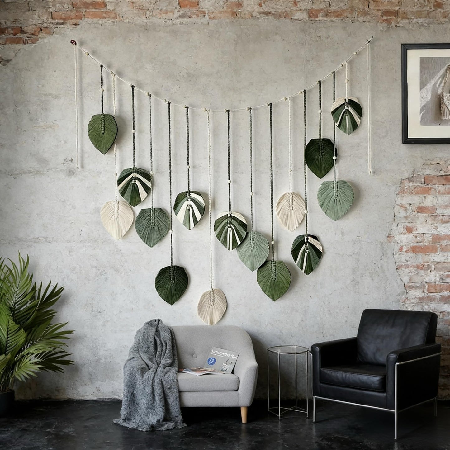 M MANUAL Macrame Leaves Wall Hanging 47.3x29.5Inch Large Chic Feather Boho Macrame Wall Decor Leaf Hanging Photo Display Handmade Woven Wall Art 16pcs Leaf Tapestry - Green