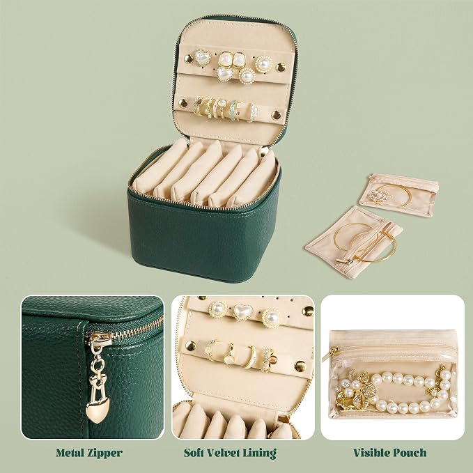 Travel Jewelry Case, Small Travel Jewelry Box with 6 Velvet Jewelry Bag Mini Pouch, Portable Travel Jewelry Organizer for Rings Earrings Necklaces, Beauty Gifts for Women Girls (Green)