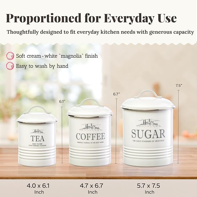noonberry Kitchen Canisters for Countertop - 3-Piece Airtight Kitchen Canister Set - Sugar Coffee Tea Containers for Kitchen Counter - Cream-White Magnolia Finish