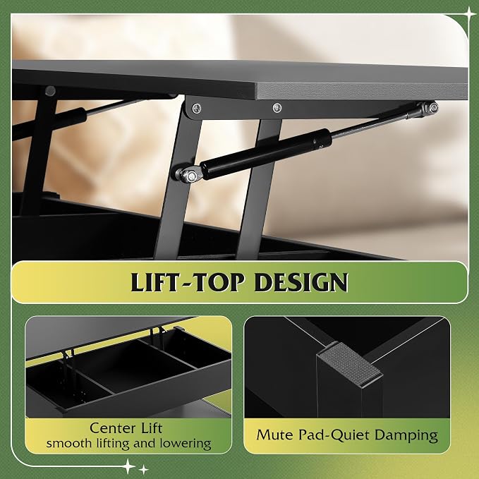 WLIVE Coffee Table, Lift Top Coffee Table with Drawers, LED Light, Large Storage and Open Shelf, Lift Tabletop for Living Room, Deep Black