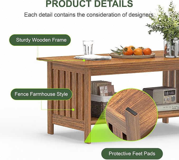 YOSHOOT 39.4" Farmhouse Coffee Table, Small Coffee Tables for Living Room | Rerto Wood, 2 Tier Coffee Table with Storage, Tea Table for Living Room Bedroom Small Space