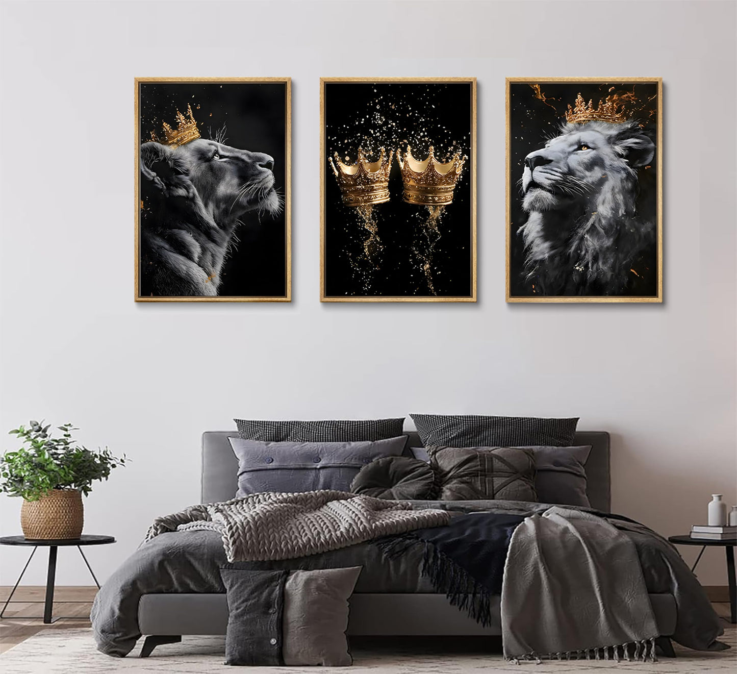 3 Pieces Lion Canvas Wall Art Golden crown with lion Poster print Modern Motivational Black And White Lion Pictures Wall Decor for Living room Office Decoration Unframed