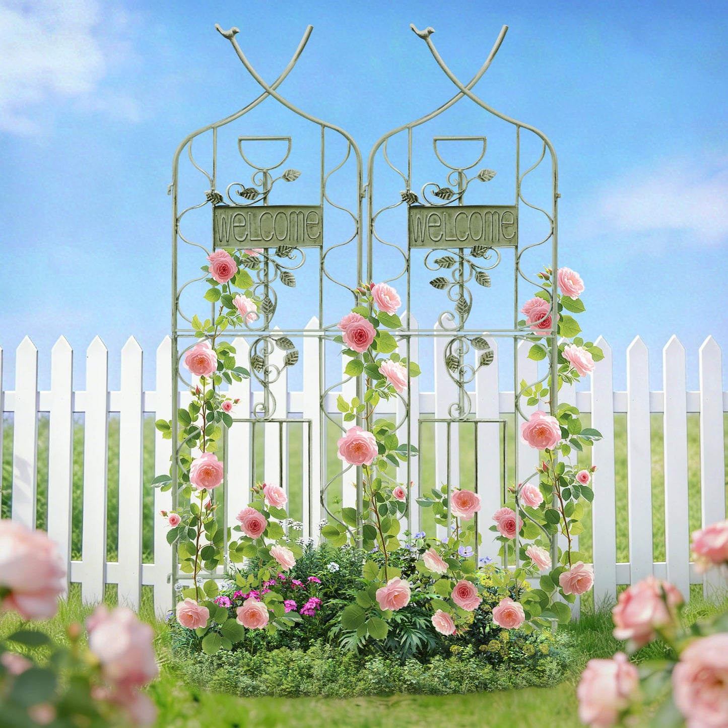 LZRS 2 Pack 59.5 * 18in Rustic Iron Arch Decoration Garden Trellis with Metal Coating – Perfect for Supporting Climbing Plants Outdoor, Roses, Vines, Flowers, and Vegetables, Antique Green
