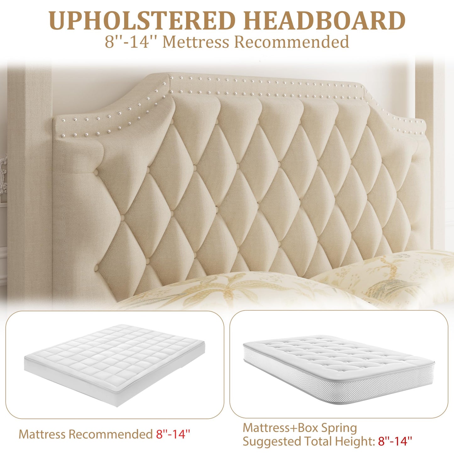 GAOMON Queen Canopy Bed Frame with Upholstered Headboard, Four Poster Design, Button Tufted, and Slide Rail, No Box Spring Required, Wooden Slatted Structure, Beige